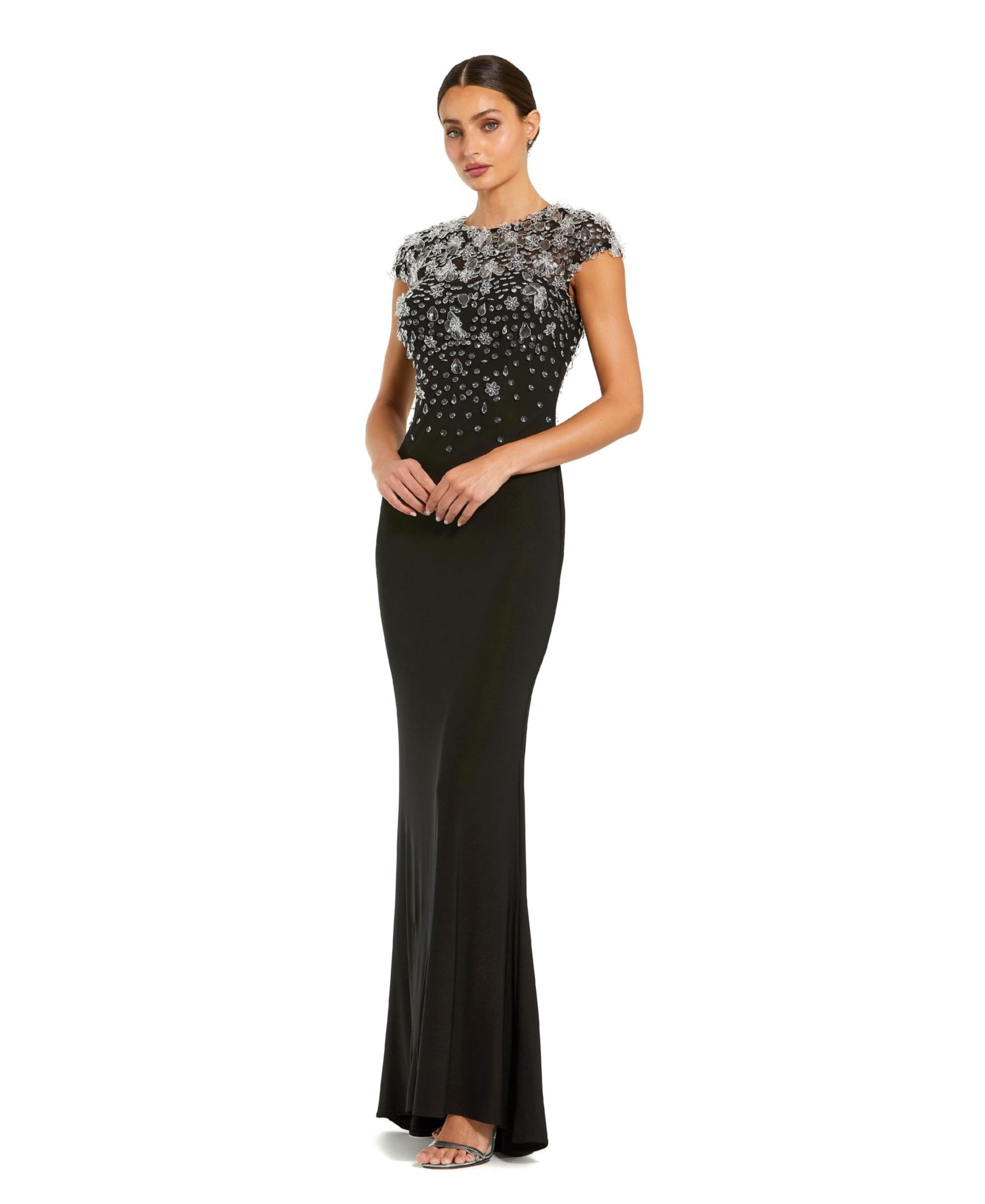Mac Duggal Crystal Embellished Jersey Fitted Cap Sleeve Gown