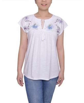 NY Collection женская блузка Petite с вышитым воротом и удлиненным рукавом