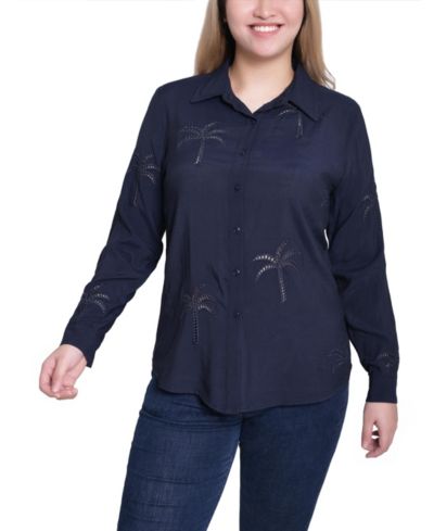 NY Collection Petite Long Sleeve Palm Tree Top