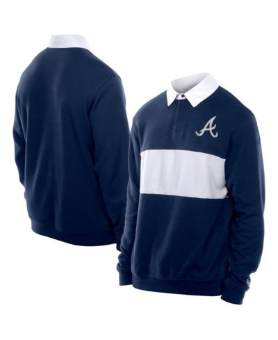 New Era Men's Navy Atlanta Braves Throwback Prep Color Block Rugby Polo Shirt