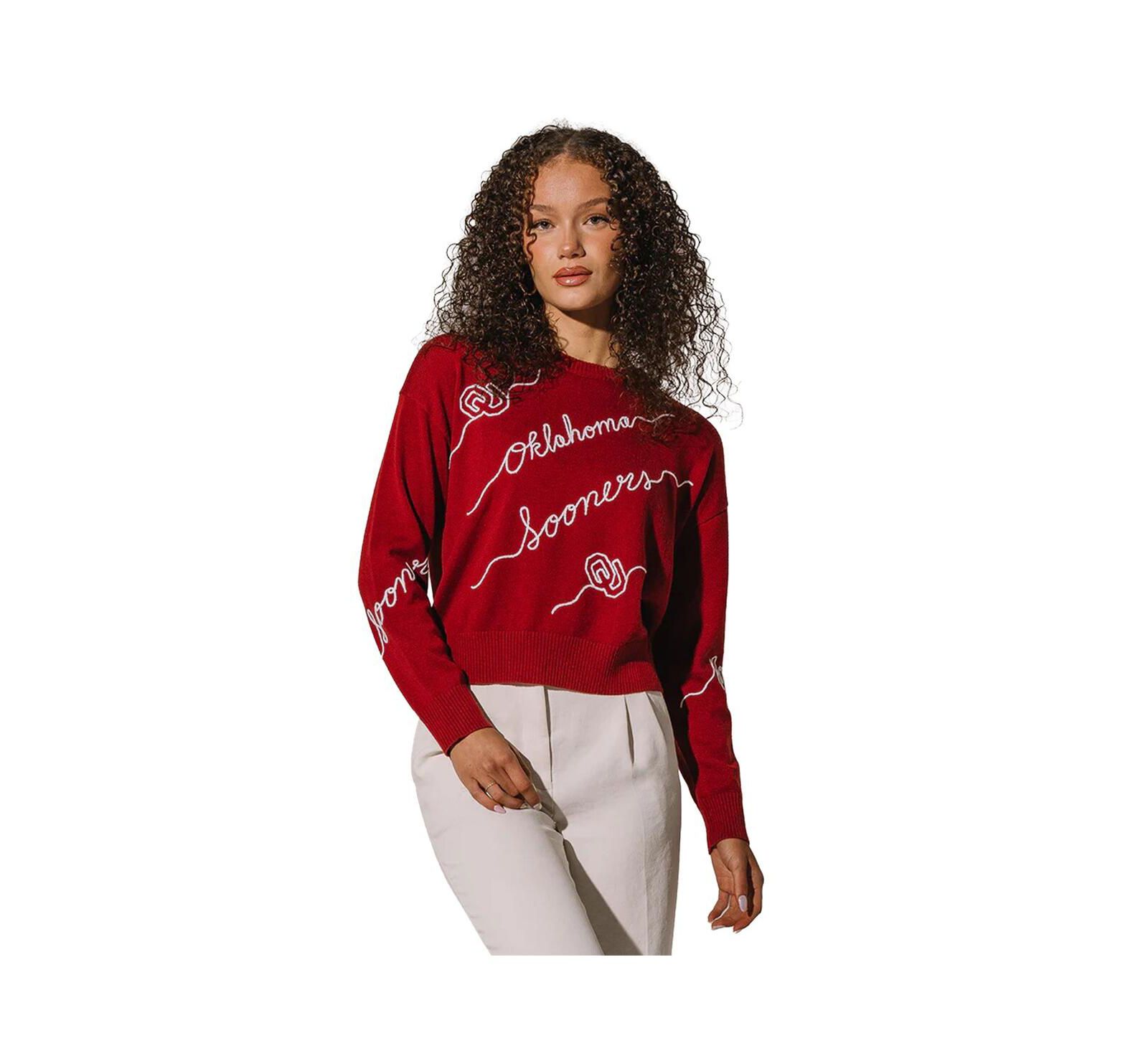 Kadyluxe Women's Crimson Oklahoma Sooners Love Note Embroidered Pullover Sweater