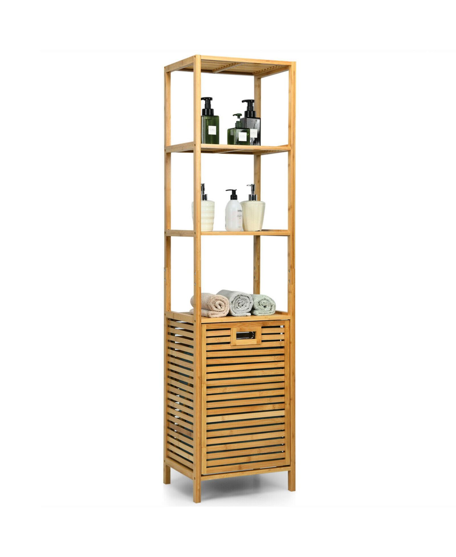 Gymax Bathroom Tilt-out Laundry Hamper Bamboo Tower Hamper w/3-Tier Shelves