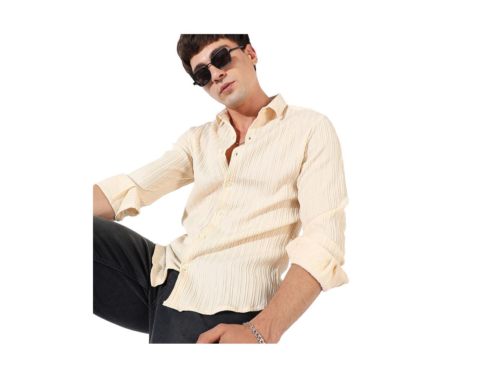 Cahoot Men's Campus Sutra Light Yellow Textured Regular Fit Casual Shirt