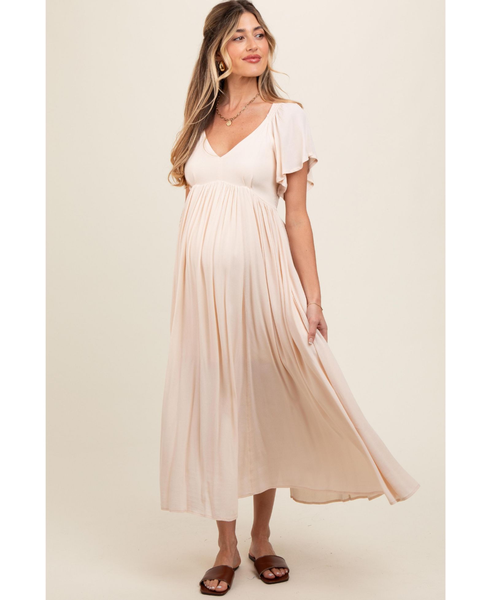 Женское миди-платье Pinkblush Cream V-Neck Flutter Short Sleeve