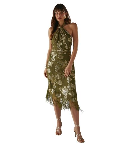 Warehouse Women's Metallic Chiffon Wrap Front Midi Dress