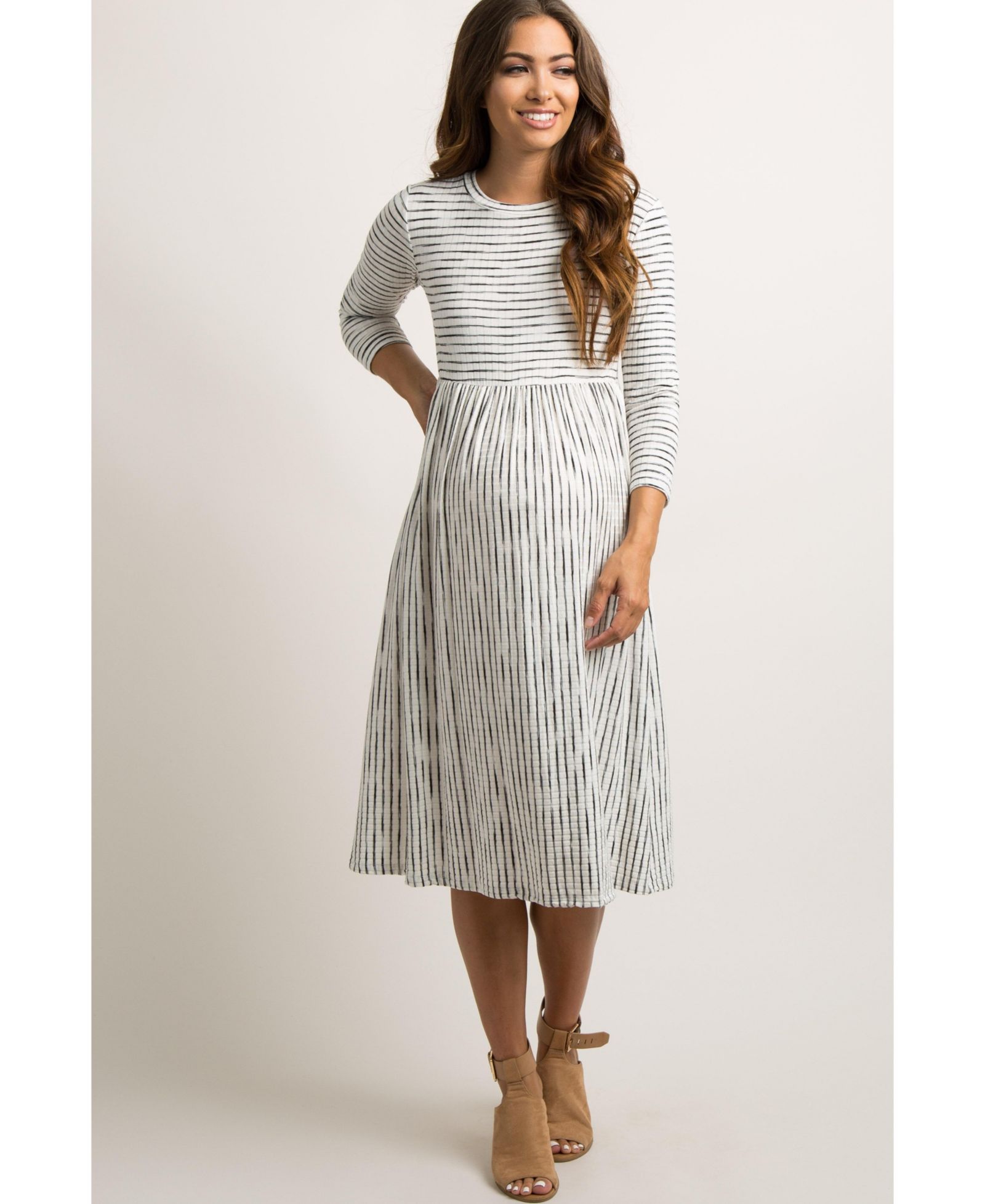 Pinkblush Women's Ivory Ribbed Striped Midi Dress