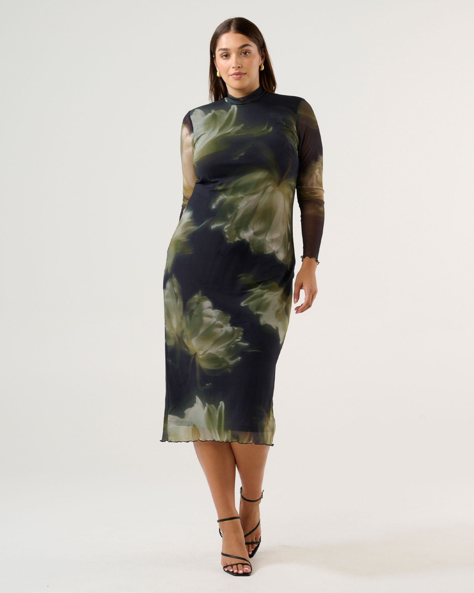 ESTELLE Women's Peace Lily Floral Bodycon Long Sleeve Mesh Dress