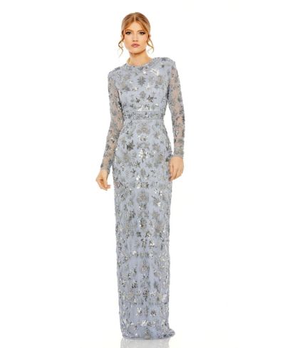 Mac Duggal Women's High Neck Long Sleeve Embellished Column Gown