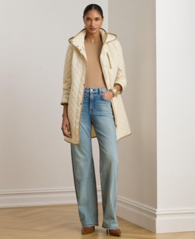 Lauren Ralph Lauren Womens Hooded Quilted Faux-Suede-Trim Coat