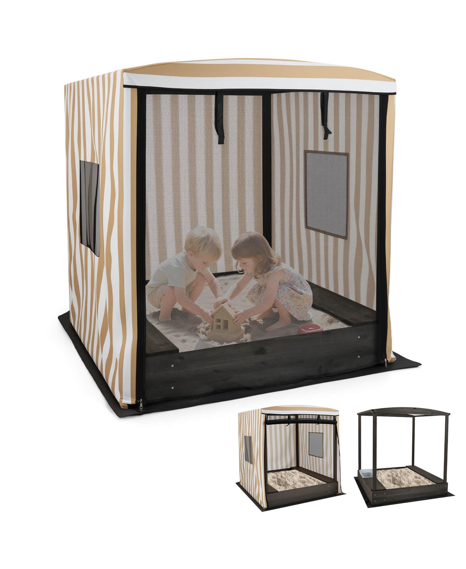 Kids Wooden Sandbox with Canopy Mesh Door Windows Bench Seats Foldable Storage Box