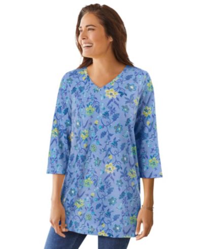 Woman Within Plus Size принт туника с V-образным вырезом и рукавом 3/4