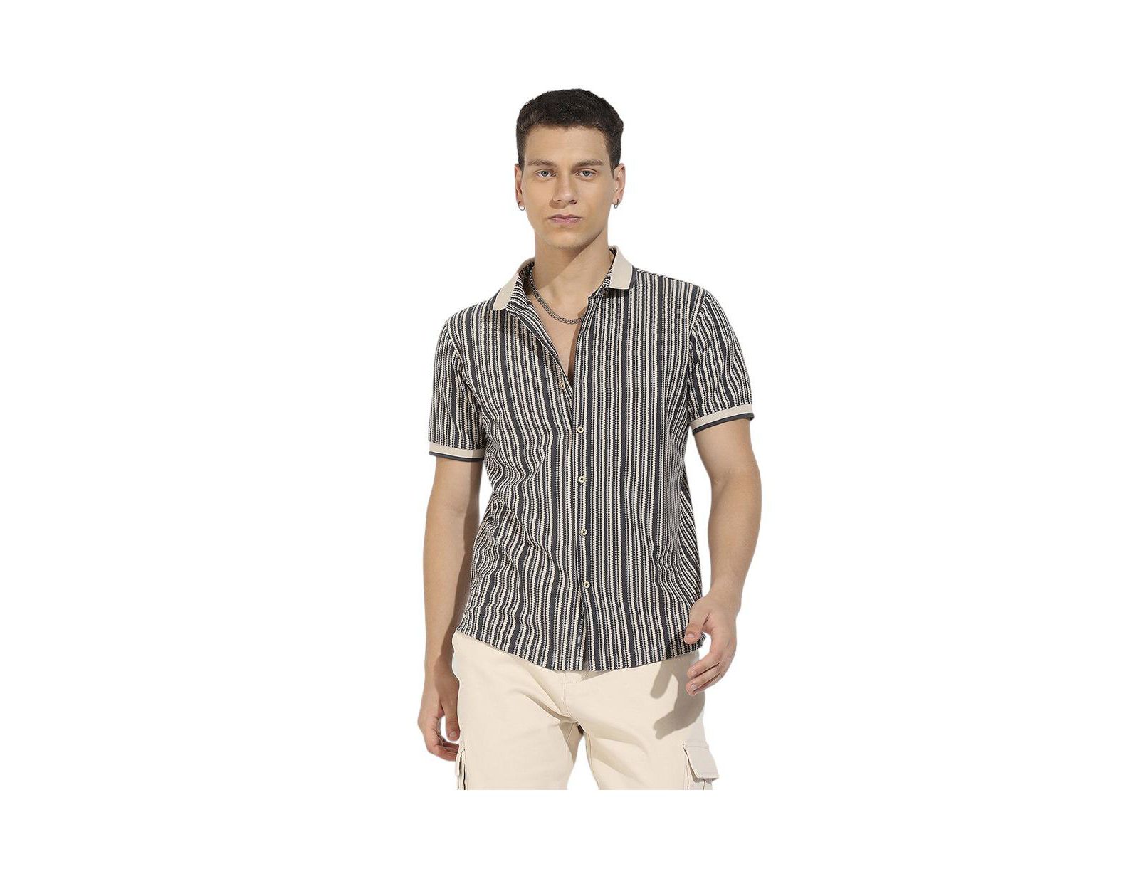 Cahoot Men's Campus Sutra Light Grey & Navy Blue Contrast Knitted Shirt