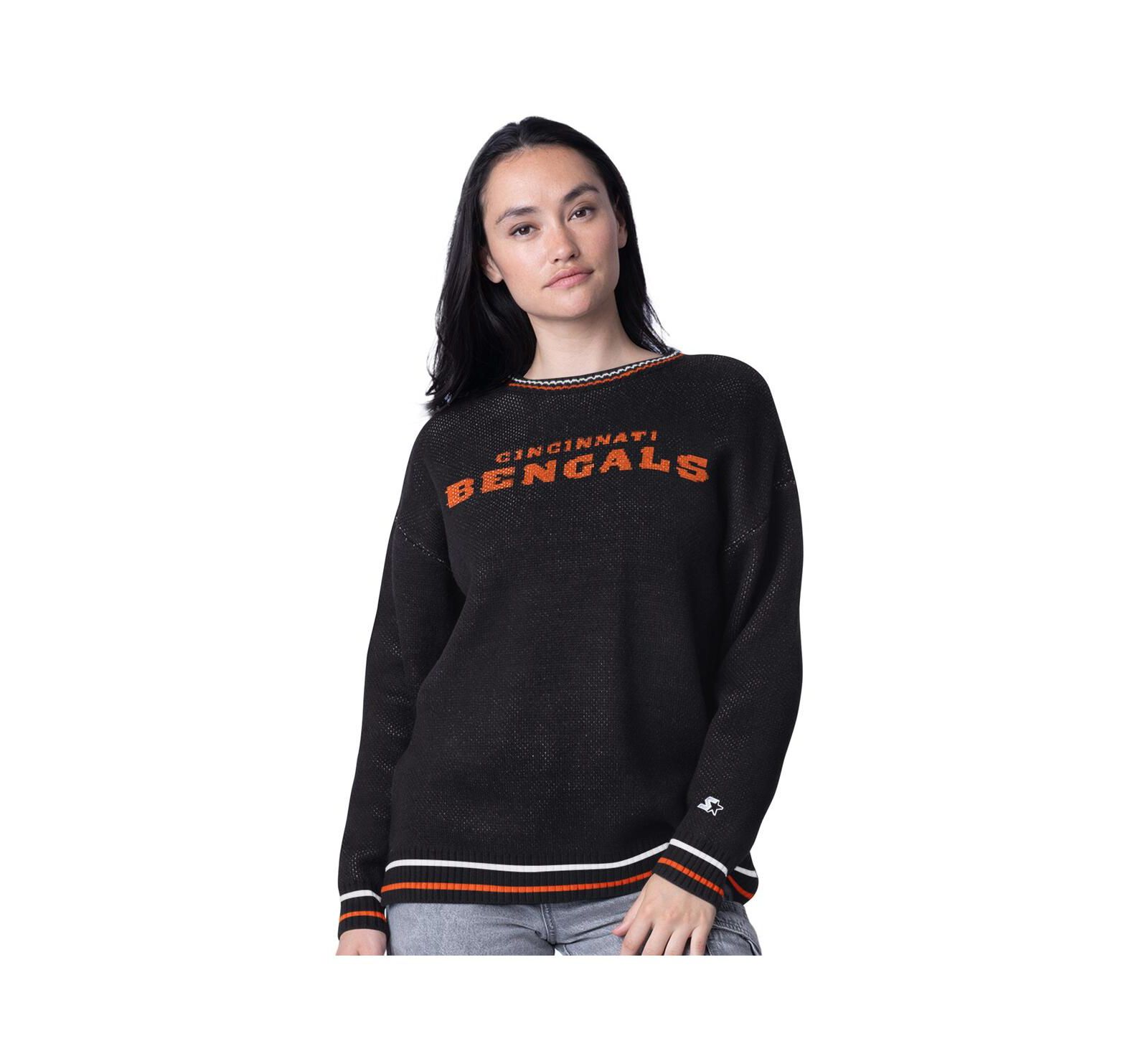 Женский оверсайз свитер Starter Black Cincinnati Bengals Oversized on the Ball Intarsia Knit Pullover