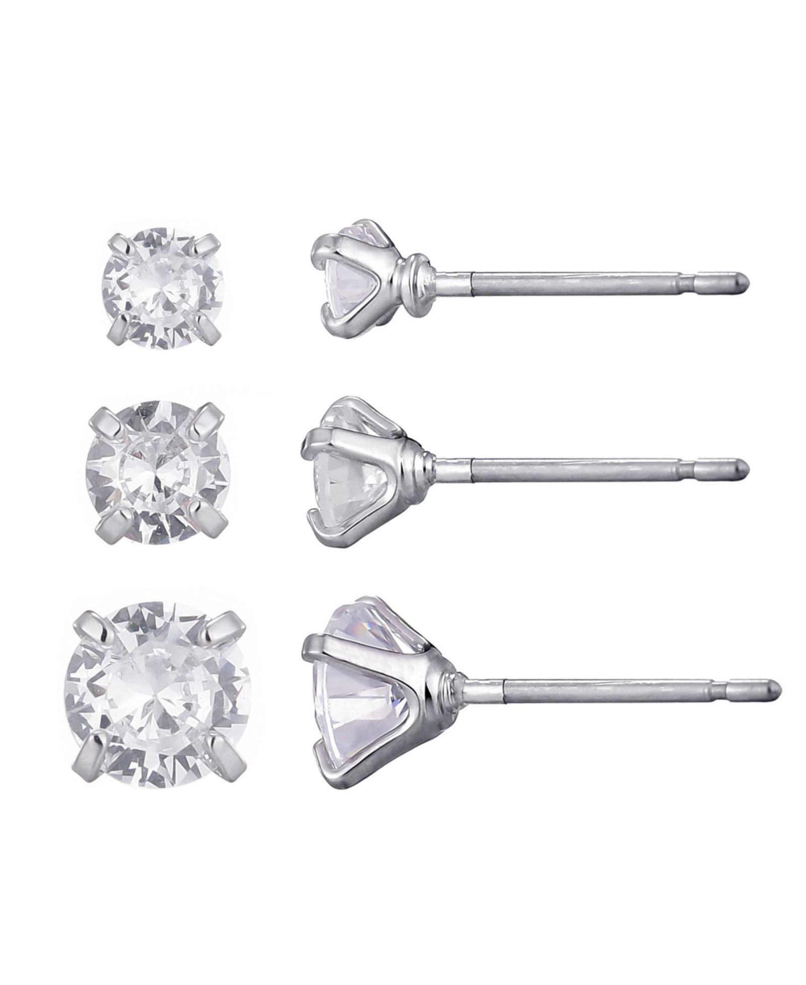 ADORNIA Silver Plated Cubic Zirconia Three-Solitaire Stud Earring Set