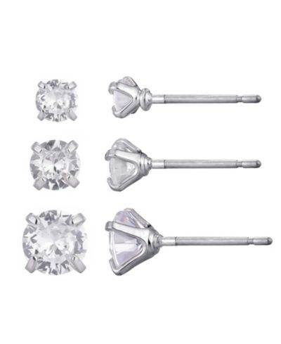 ADORNIA Silver Plated Cubic Zirconia Three-Solitaire Stud Earring Set