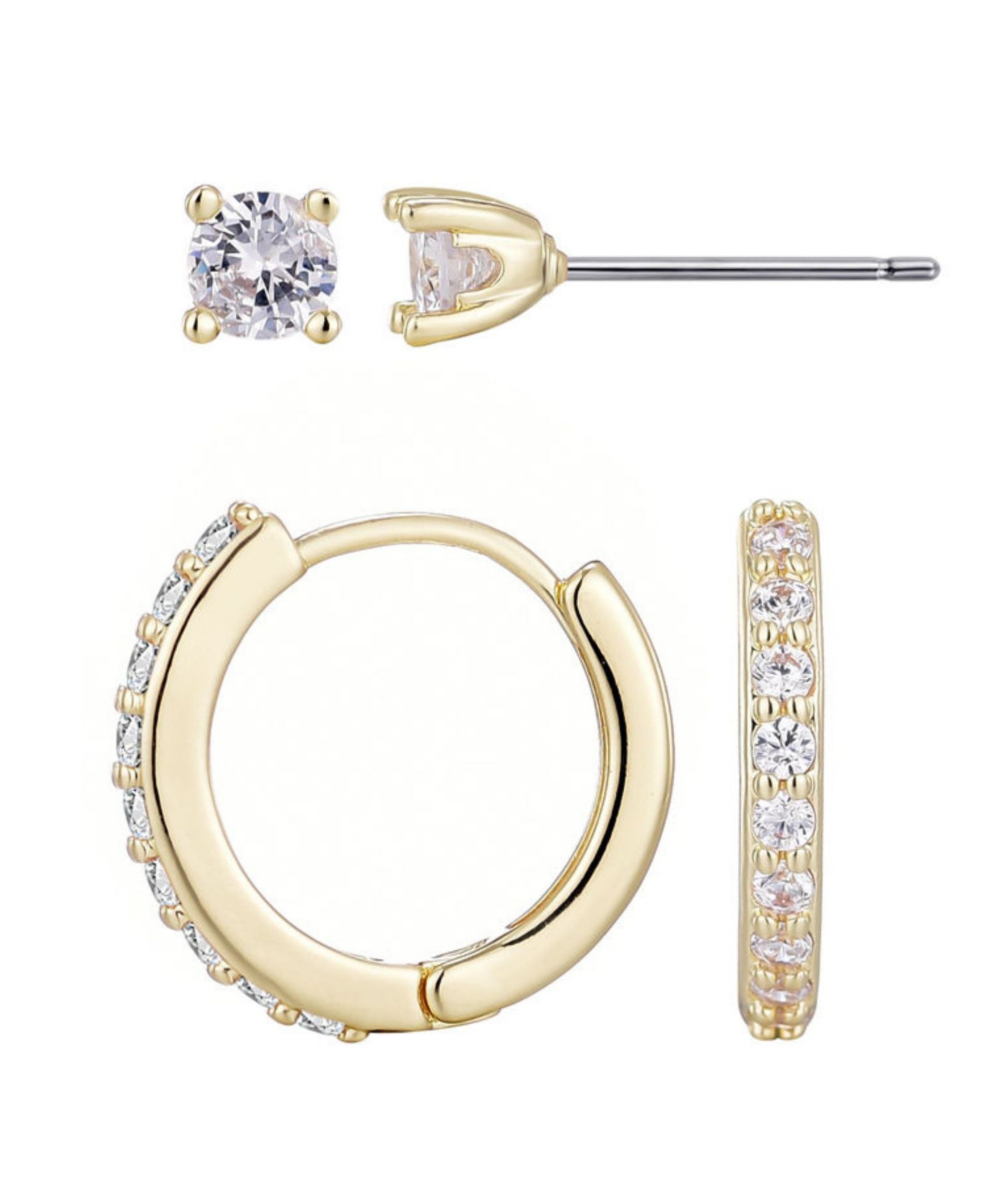 ADORNIA Gold Plated Cubic Zirconia Huggie and Solitaire Stud Set