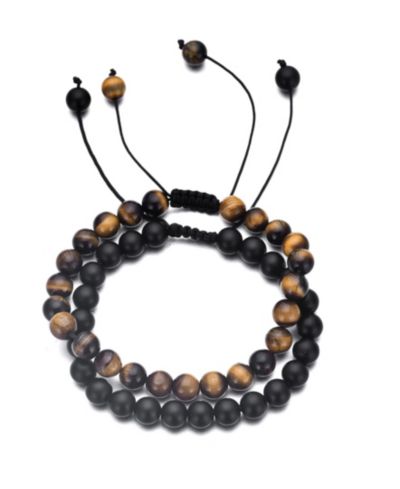 ADORNIA Adjustable Black and Tiger's Eye Bracelet Set