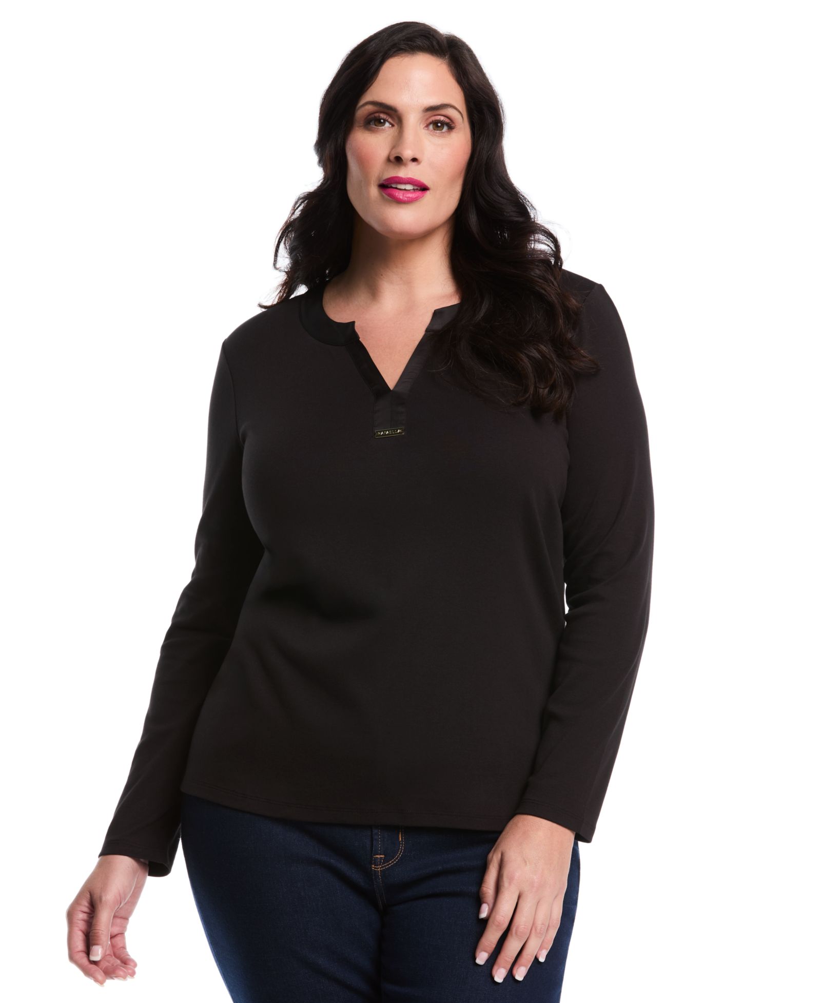 Верх Rafaella Plus Size Woven Trim Split V-Neck Long Sleeve