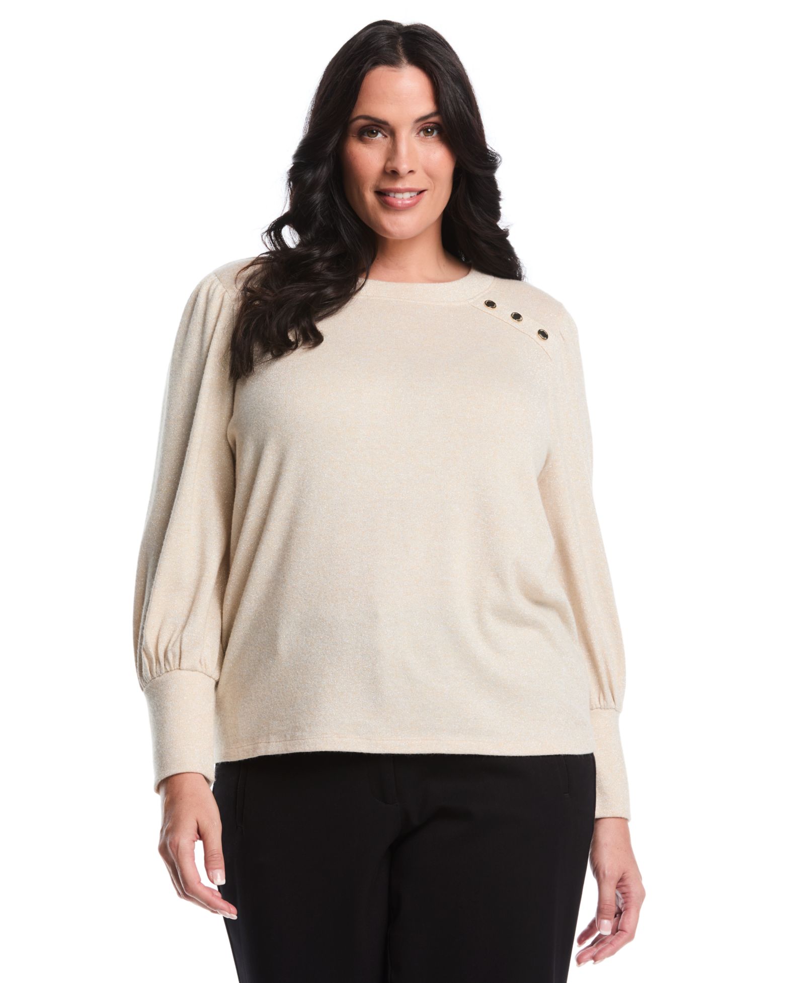 Rafaella Plus Size Metallic Puff Long Sleeve Crew Neck Top