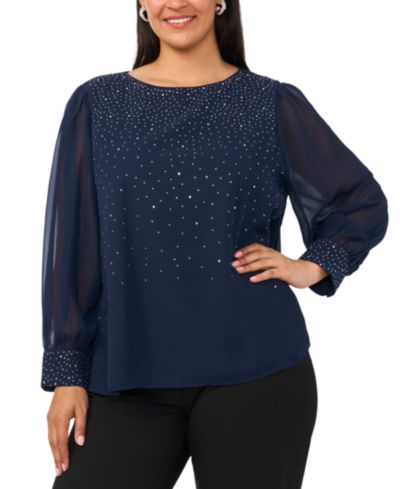 MSK Plus Size Rhinestone Embellished Balloon-Sleeve Top