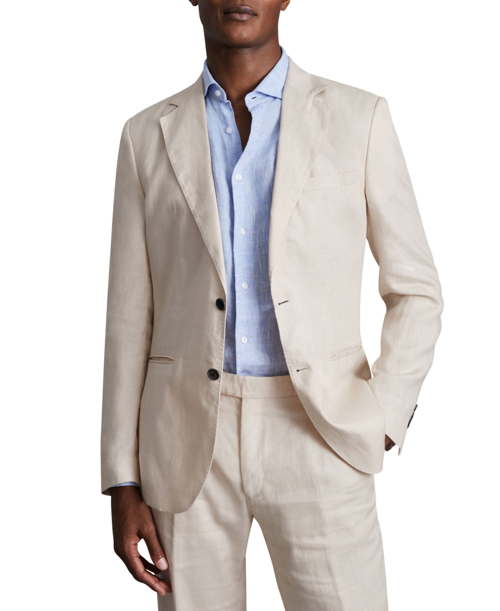 Мужской льняной блейзер REISS Kin Tailored-Fit с однобортной застежкой
