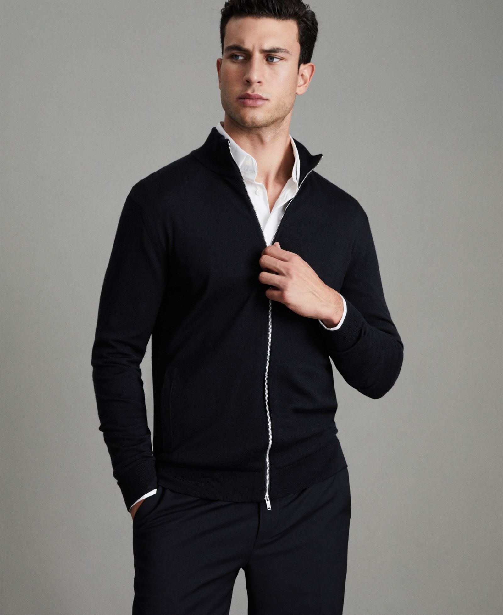 REISS Men's Hampshire Merino Wool Funnel-Neck Cardigan
