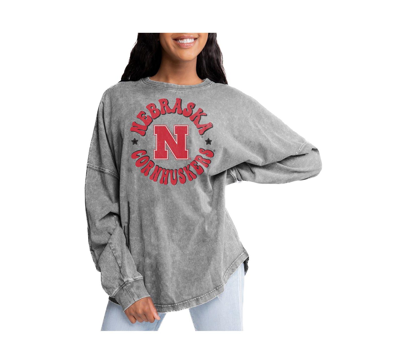 Gameday Couture Women's Gray Nebraska Huskers Playing Around Faded Wash Oversized Long Sleeve T-Shirt
