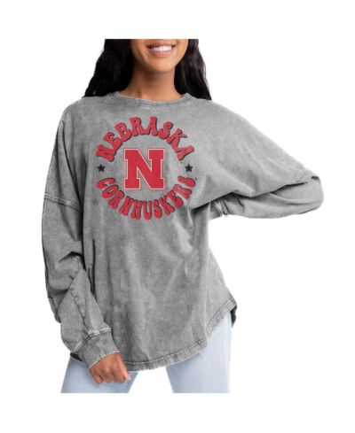 Gameday Couture Women's Gray Nebraska Huskers Playing Around Faded Wash Oversized Long Sleeve T-Shirt