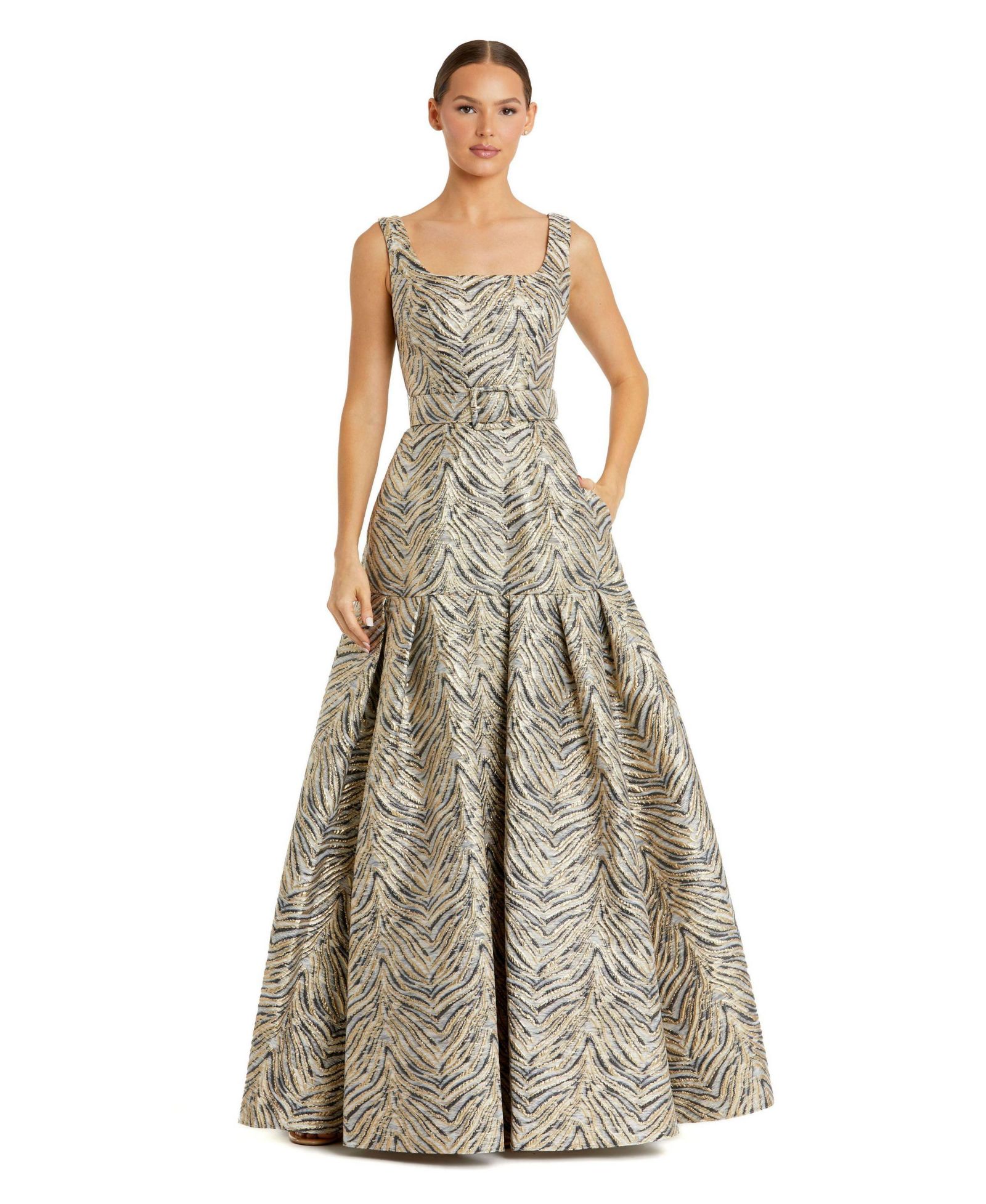 Mac Duggal Women's Sleeveless Brocade Gown With Belt