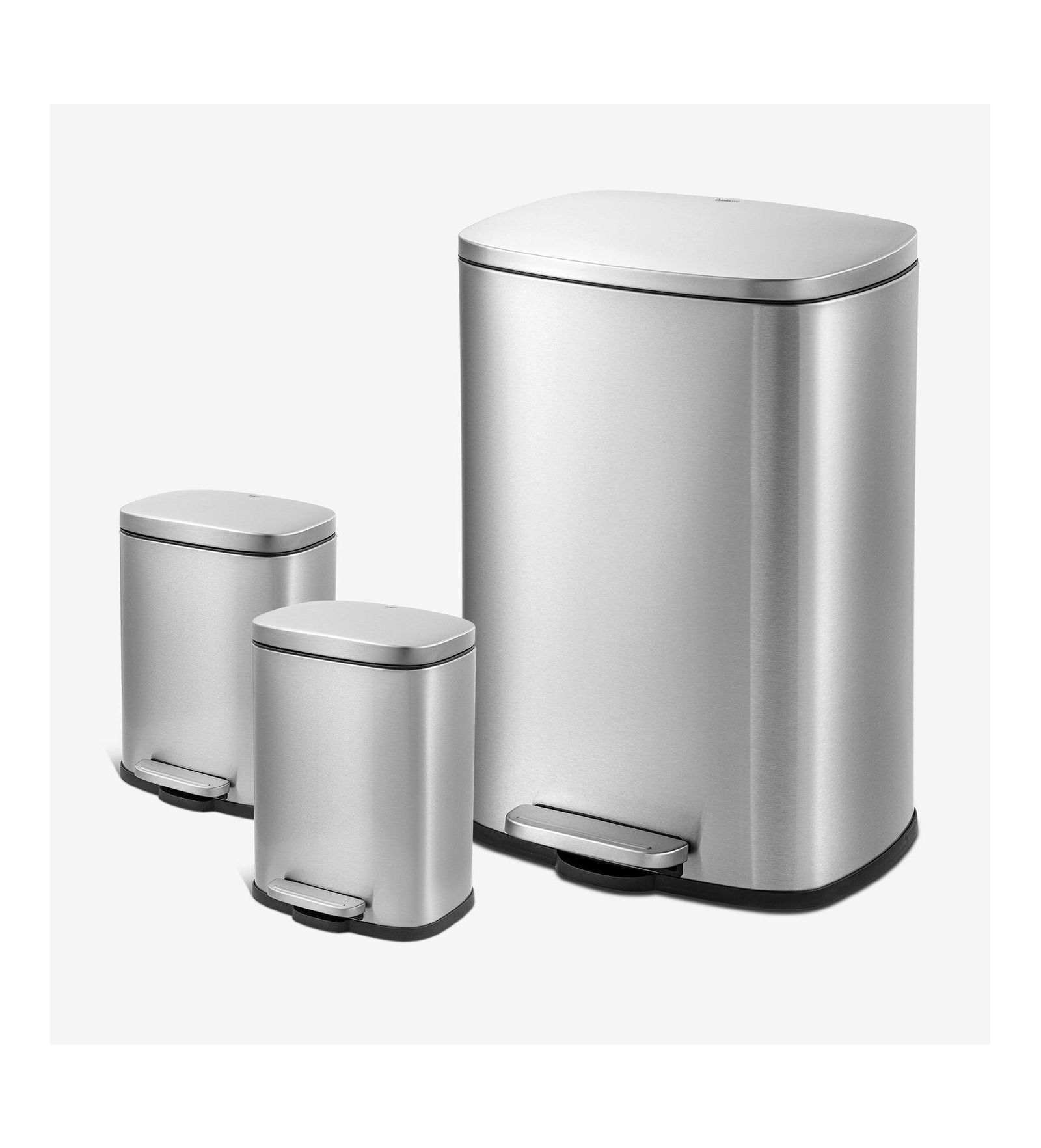 Qualiazero 50L + 5L + 5L Rectangular Step Can Combo, Stainless Steel Trash Cans with Lids