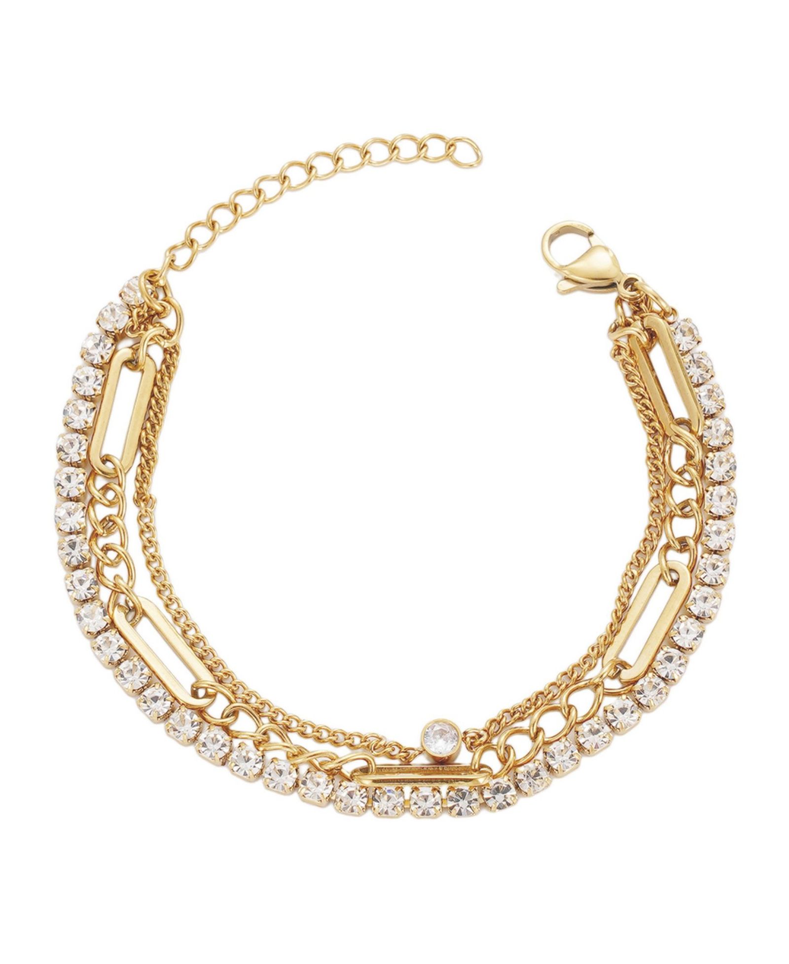ADORNIA Tarnish Resistant Gold Crystal Layered Tennis 3-Chain Bracelet