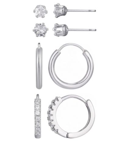 ADORNIA Silver CZ Hoop and Solitaire Stud Earrings Set