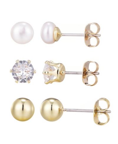ADORNIA Gold Freshwater Pearl Stud, Ball and Solitaire Earrings Set