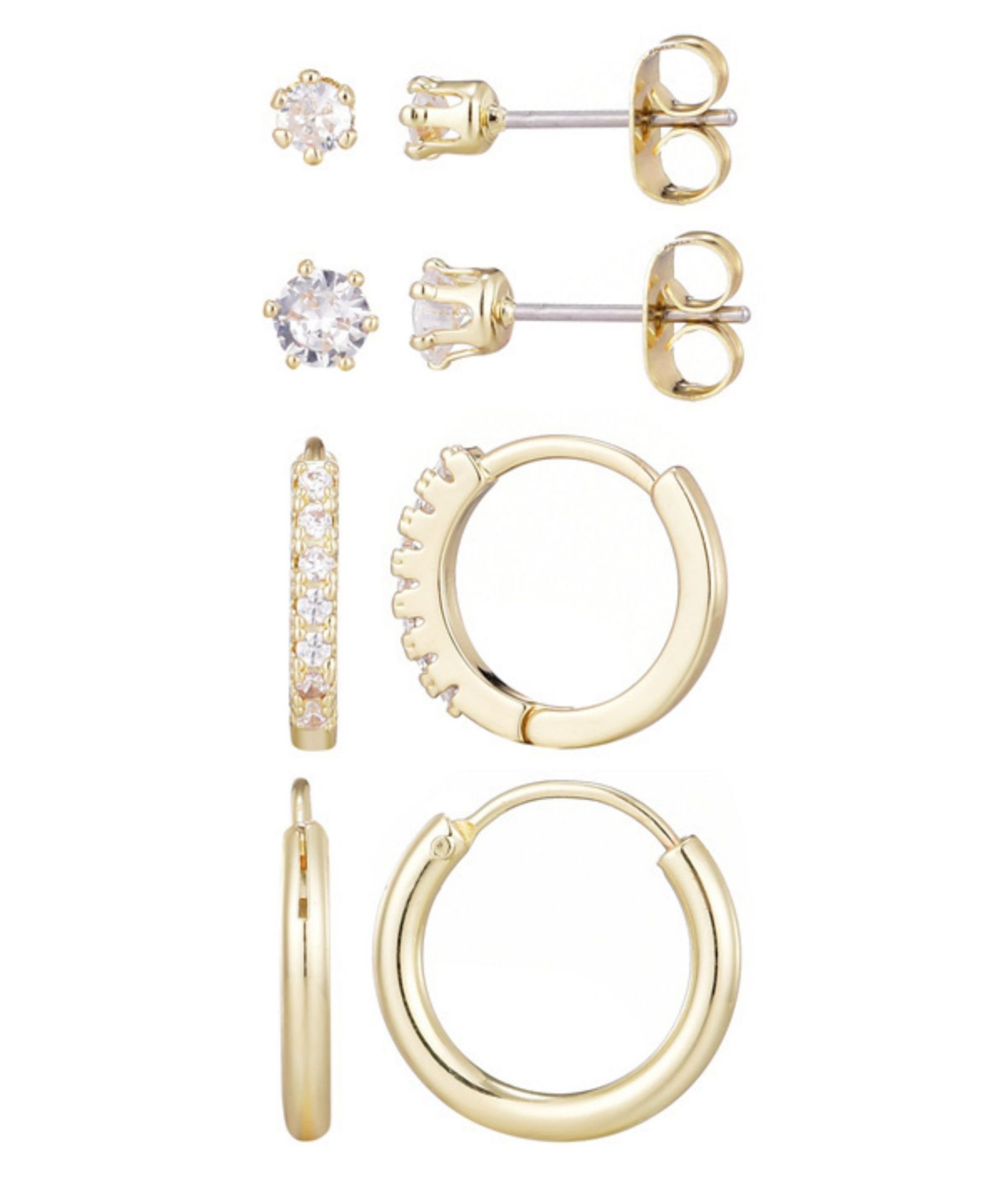 ADORNIA Gold CZ Hoop and Solitaire Stud Earrings Set
