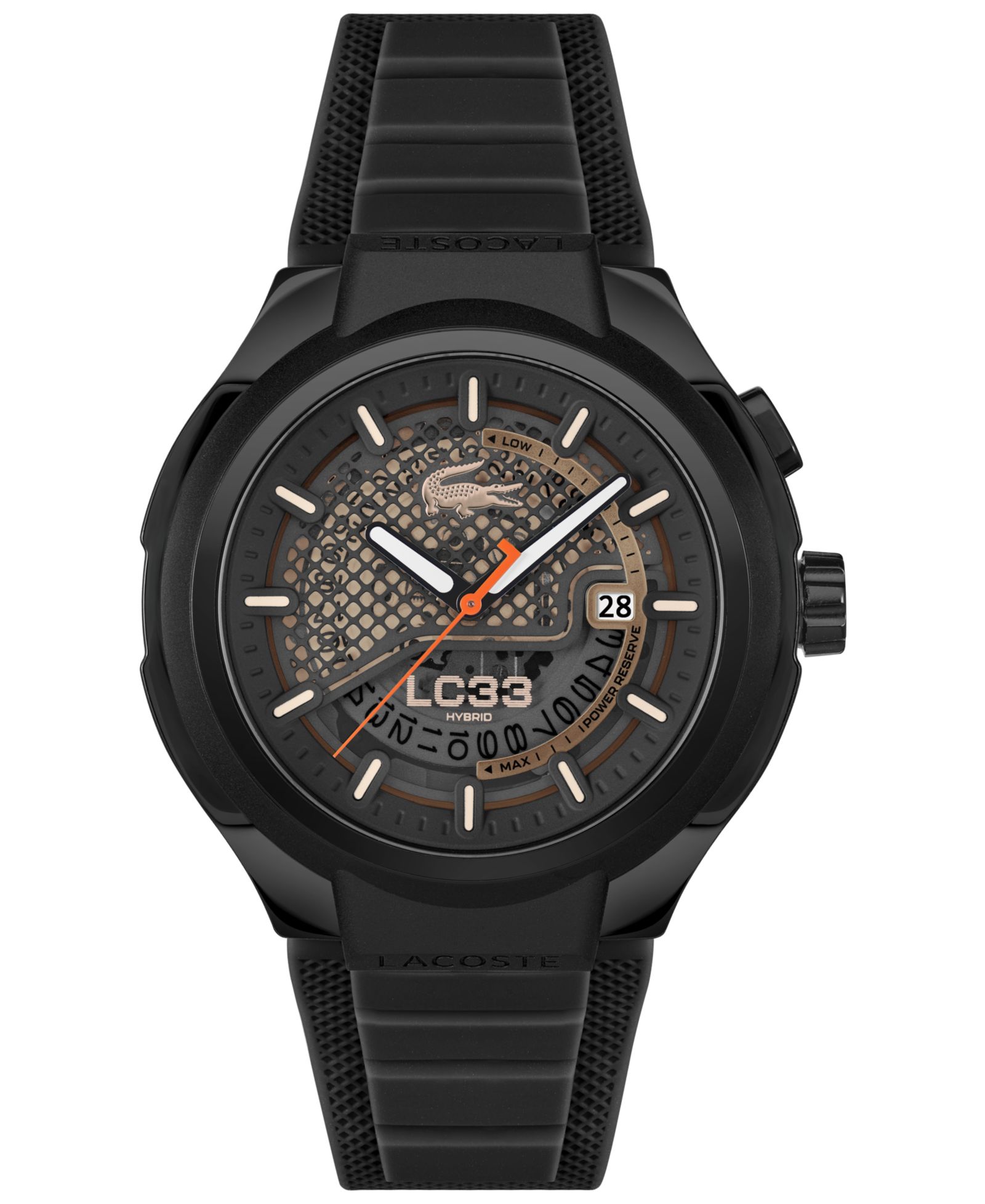 Lacoste Men's LC33 Mech Hybrid Automatic Black Silicone Strap Watch, 44mm