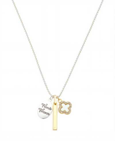 Unwritten Two-Tone "Friends Forever" Plain Bar Mother of Pearl Inlay Crystal Clover Necklace