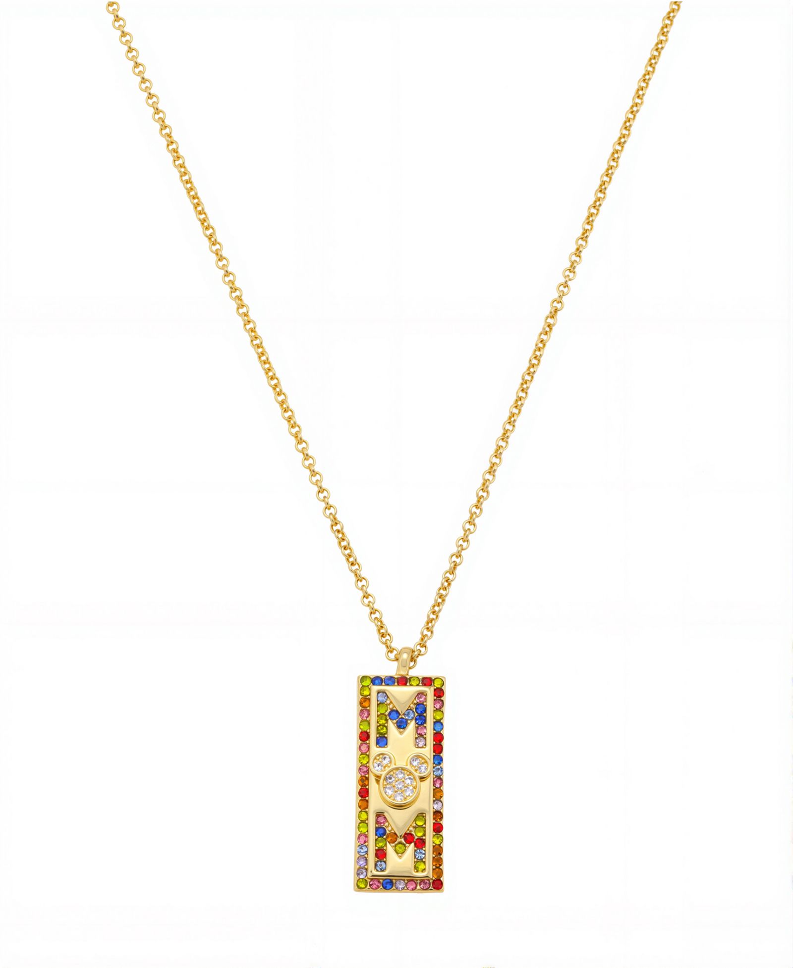 Disney Mickey Mouse "MOM" Cubic Zirconia Head Multicolor Crystal Bar Necklace