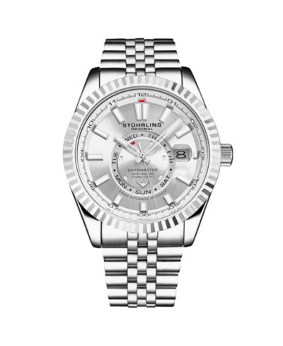 Stuhrling Datemaster II Men s Swiss Automatic 42mm Stainless Steel Watch, Silver Dial, Fluted Bezel, Day & Date, 100M Water Resistant