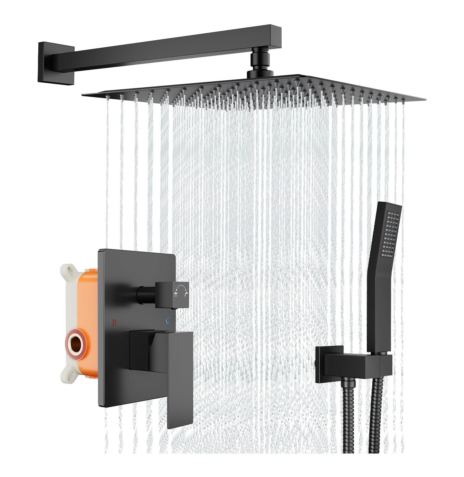 GAOMON 12" Rainfall Shower System with Handheld, Matte Black, Wall-Mounted, Pressure-Balanced Valve for Modern Bathrooms