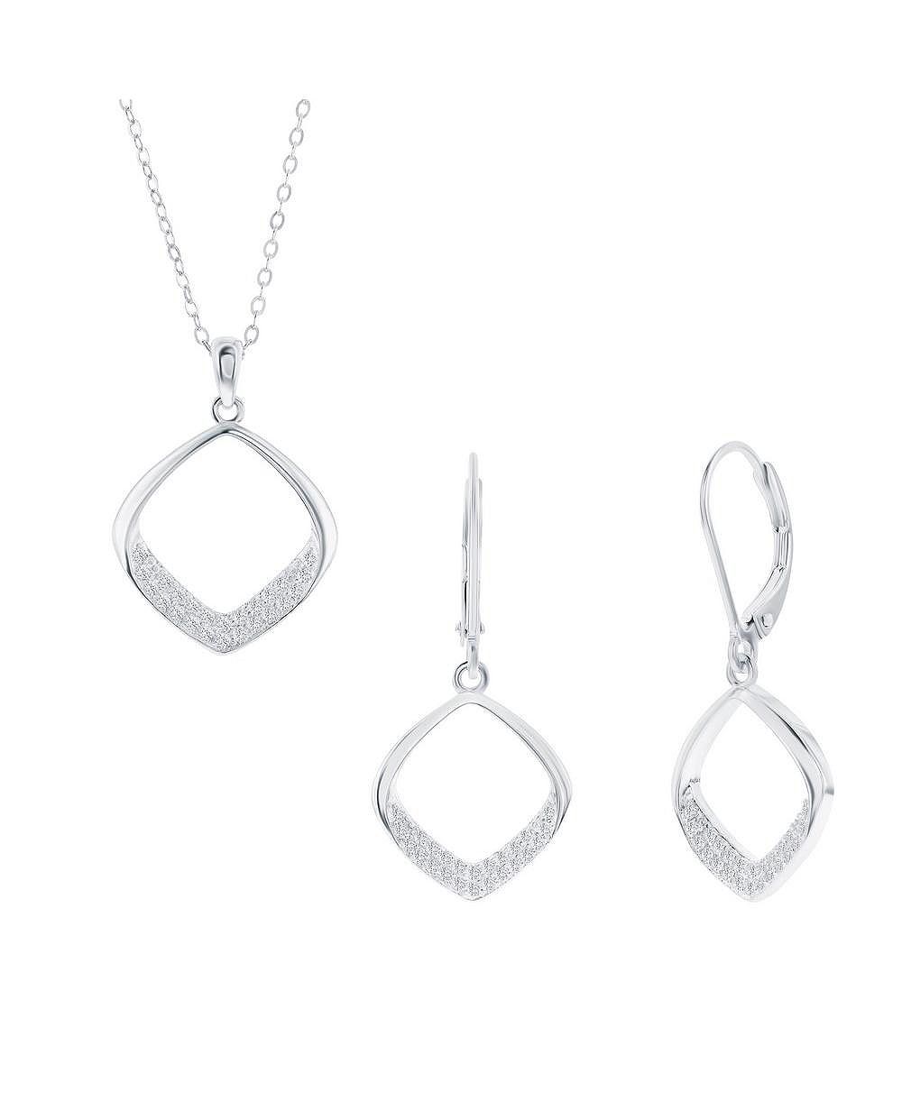 Sterling , Pave CZ Diamond-Shaped Necklace & Earrings Set