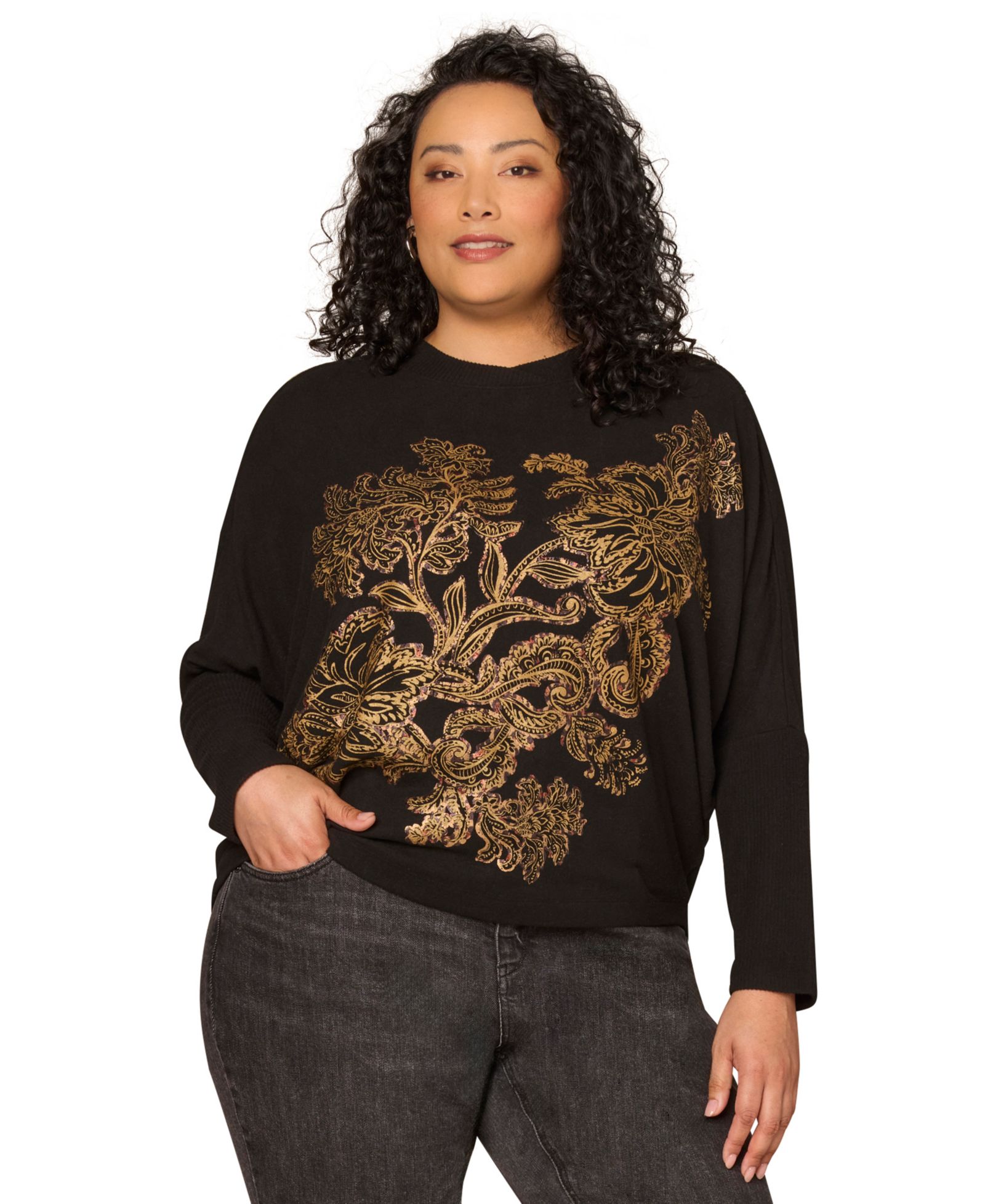 Democracy Plus Size Foil Detail Batwing Long-Sleeve Top