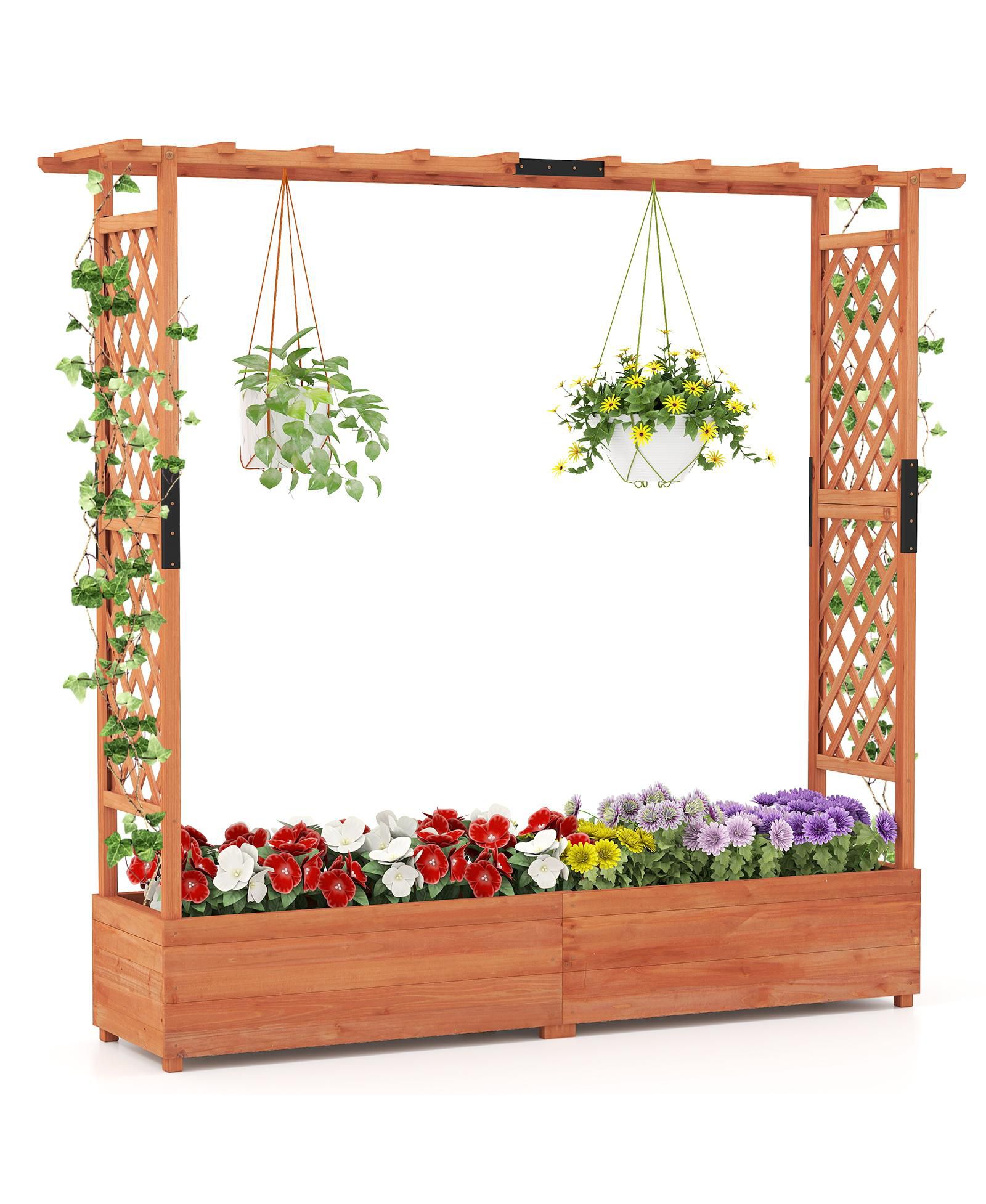 Gymax Raised Garden Bed Planter Box w/ Side & Top Trellis for Vine Climbing Plants 77'' x 17'' x 72''