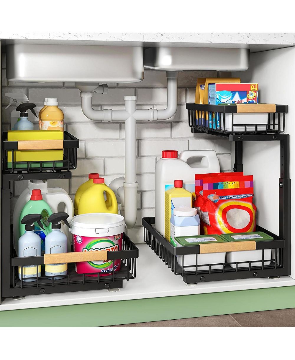 Kitstorack 2 Pack Under Sink Organizer + 2 Pack Pull Out Cabinet Organizer Baskets with Mesh