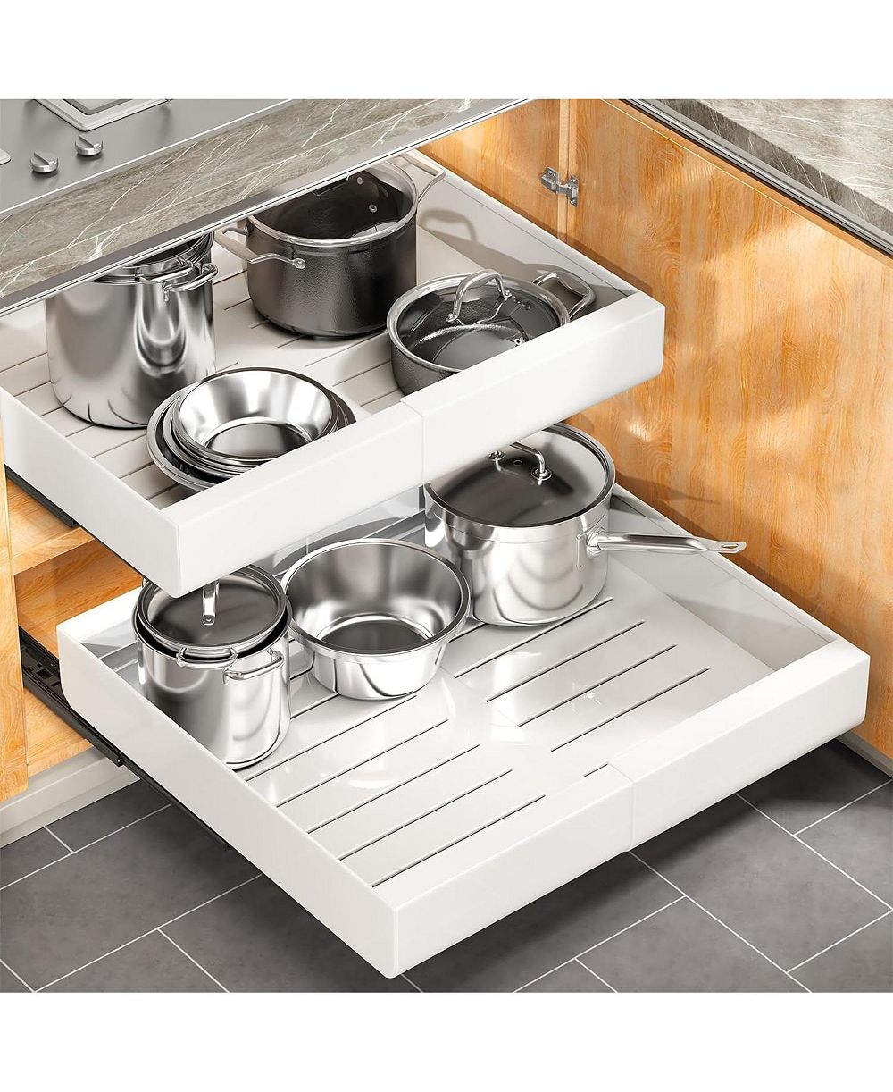 Kitstorack Pull out Cabinet Organizer, Expandable(12"-20") Heavy Duty Slide out Drawers Fixed with Adhesive Nano Film for Pots, Roll out Shelf Storage for Kitchen Base Cabinet Organization(White)