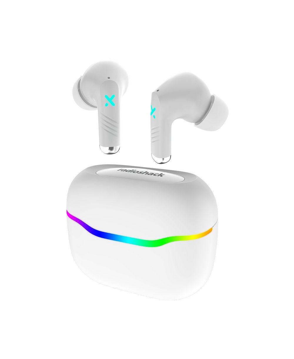 RadioShack Wireless Gaming Earbuds with Noise Cancelation and RGB LED Lights With 22 Hour Playtime 3304453 White