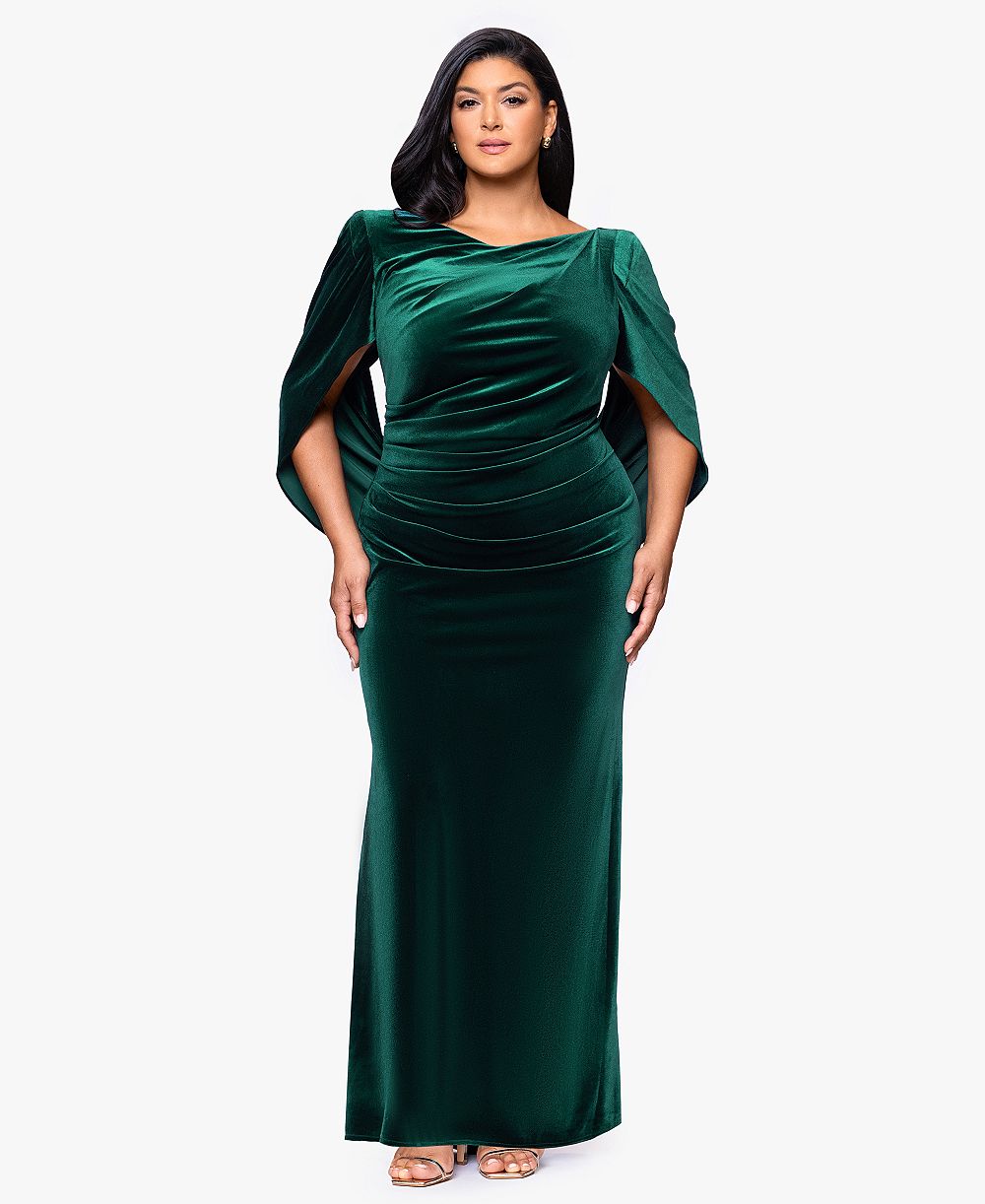 B&A By Betsy and Adam Plus Size Velvet Boat Neck Long Drape Back Gown