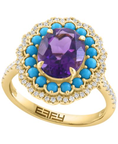Кольцо EFFY Collection Diamond (1/3 ct. t.w.), Amethyst (2-1/2 ct.t.w.), and Turquoise in 14k Yellow Gold