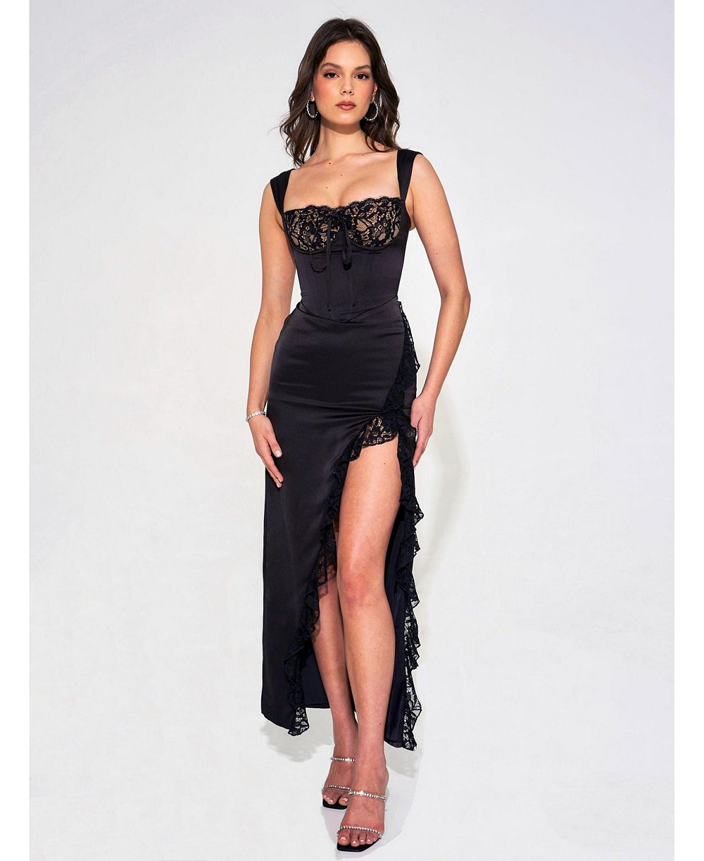 Miss Circle Women's Freddie Black Lace Satin Maxi Corset Dress