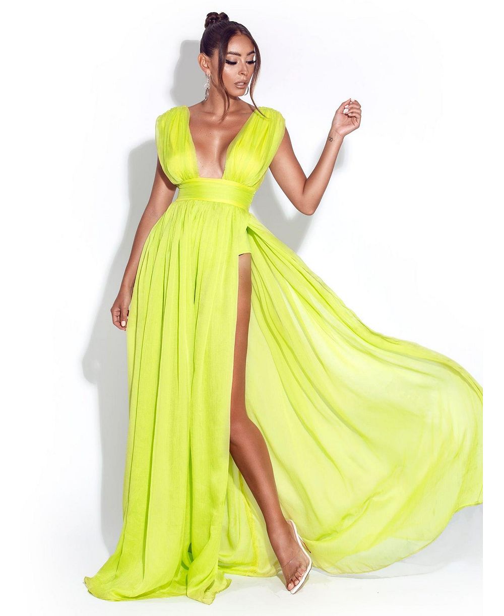 Miss Circle Women Valley Of Angels Lime Chiffon Pleated High Slit Maxi Dress