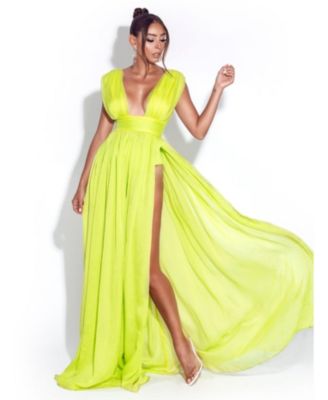 Miss Circle Women Valley Of Angels Lime Chiffon Pleated High Slit Maxi Dress